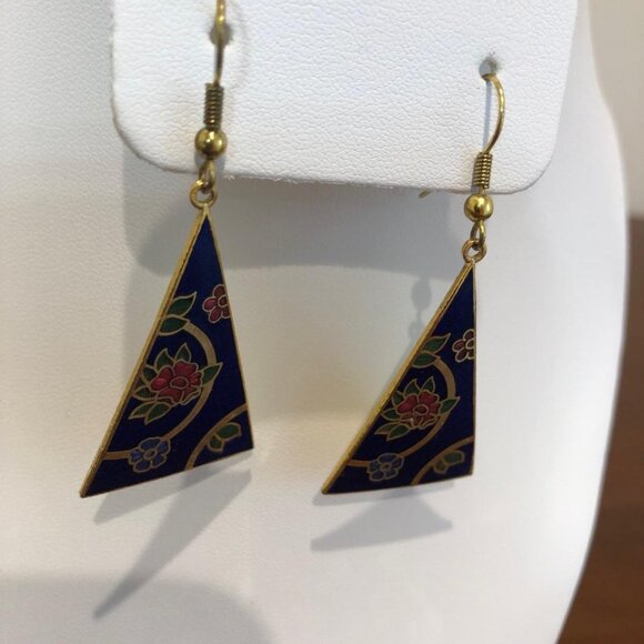 Triangle Floral Blue Dangle Earrings. - Picture 2 of 10